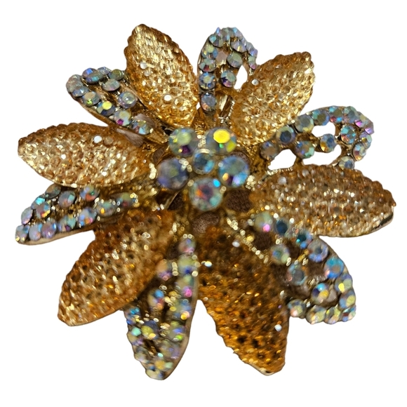 Flower Brooch Encrusted with Aurora Borealis and Brown Crystals - Picture 2 of 6